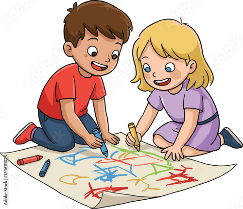 Children drawing together on floor, creative teamwork, colorful markers, art activity, preschool learning, happy kids, indoor play, educational illustration