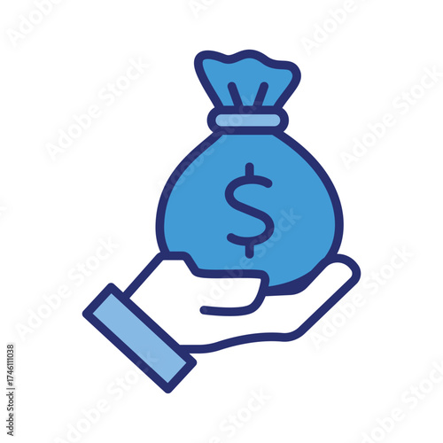 Blue hand gripping a money bag with a dollar sign, perfect for finance, savings, investment, wealth management concepts in design projects.
