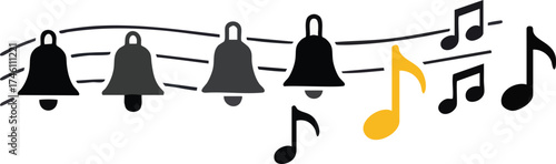 Musical notes and bells arranged on music staff illustration.