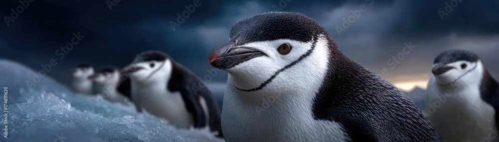 Naklejka premium Oil spill pollution affecting penguin habitat concept. A group of adorable penguins on a chilly arctic landscape.