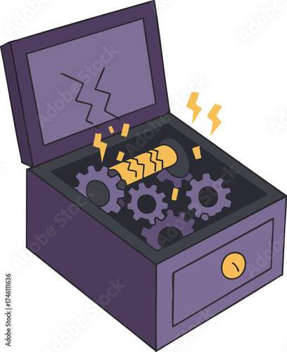 Animated chest with rotating gears and electric sparks animation