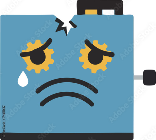Sad broken box with gear eyes and a crack on its forehead