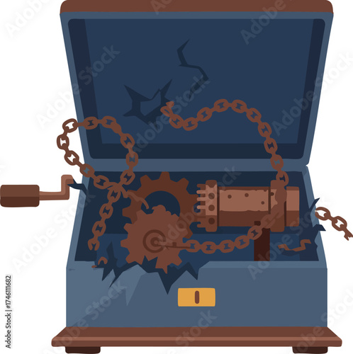 Antique mechanism with chain in a weathered, damaged wooden box