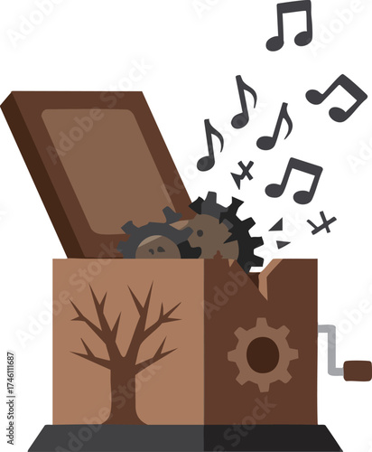 Music box with gears and music notes vector illustration art
