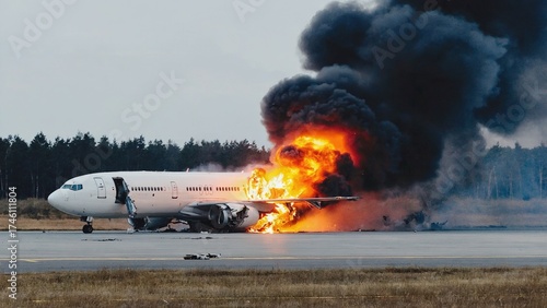 Commercial airplane on fire with thick black smoke rising at airport runway, depicting emergency, accident, aviation disaster, rescue operation, danger, crisis management, critical aviation situations