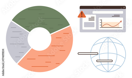 Pie chart with segments, website interface displaying analytics and alert, globe representing global connection. Ideal for analytics, business, technology, warning systems, data management, global