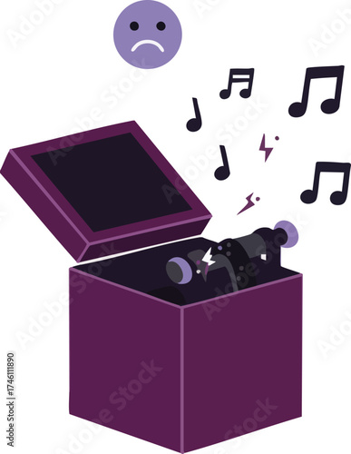 Open box emitting sound waves with a sad emoji on a white background