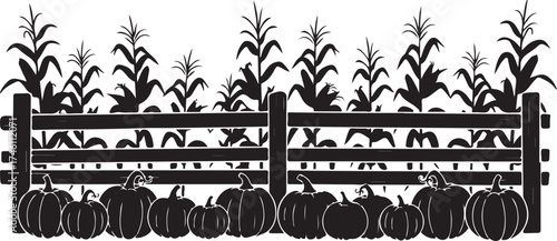 Vector art of silhouette of pumpkins and corn stalks behind a rustic wooden fence