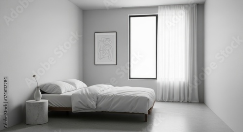 Minimalist White and Gray Bedroom Interior with Modern Bed, Abstract Art, and Natural Light