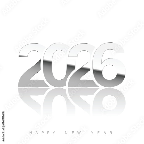 Modern Happy New Year 2026 with silver chrome effect and reflection. Vector illustration