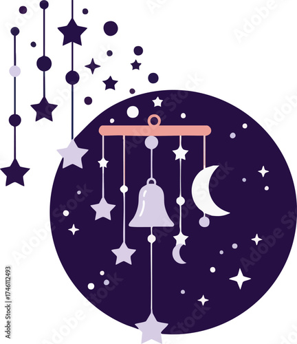 Baby crib mobile with stars, moon, and bell decoration illustration