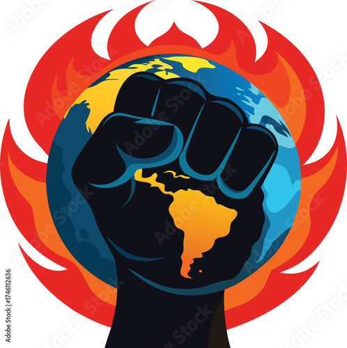 Fist of earth rises amidst fiery flames of revolution