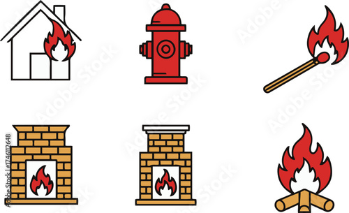 Fire and Safety Icons with House, Hydrant, and Fireplace