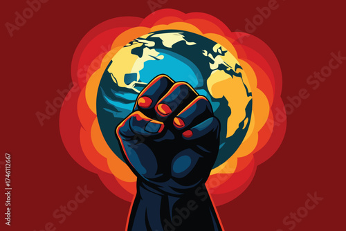 Fist of earth rises amidst fiery flames of revolution