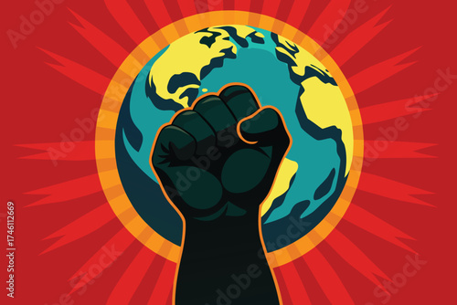 Fist of earth rises amidst fiery flames of revolution
