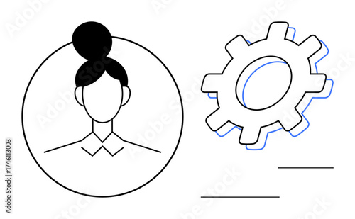 Woman s avatar inside a circular frame next to a gear, symbolizing user customization, settings, preferences. Ideal for user interface, technology, profile setup, teamwork, organization adjustment