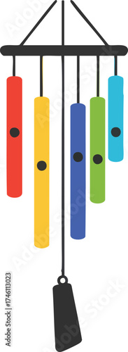 Colorful wind chime with hanging pipes on white background, minimalist art