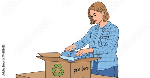 Woman packing used clothing donation box with eco symbol, promoting sustainable fashion and recycling