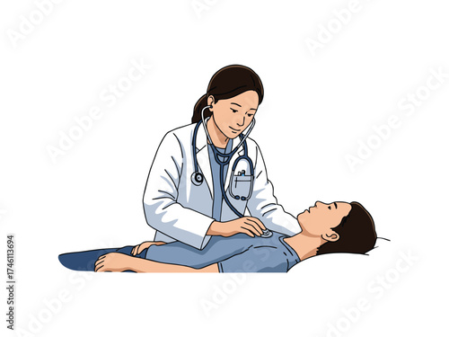 vector of a doctor examining a patient against a white background