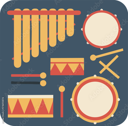 Flat lay vector illustration of musical percussion instrument set