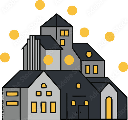 Town illustration of houses with window lights and yellow light orbs