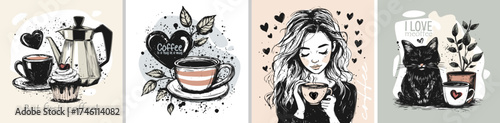 Charming Coffee Illustrations Beautiful Art Designed Specifically for Coffee Lovers Everywhere. Hand-drawn sketch vector.