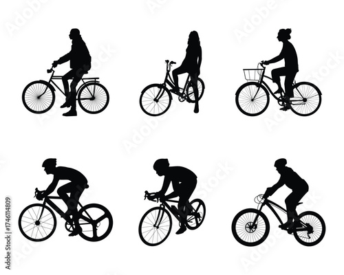 riding bicycle cyclist set collection pack bundle black shape icon silhouette vector flat illustration design on white background