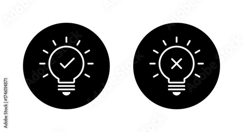 Light bulb with check mark and cross icon. Idea approval and rejection symbol in black circle