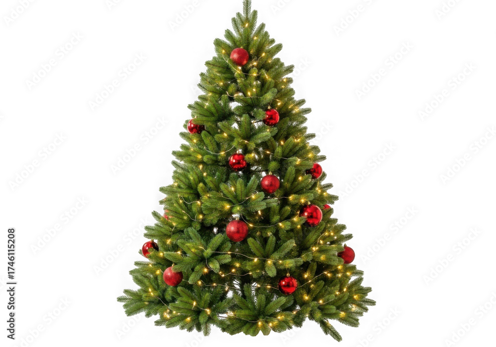 Fototapeta premium Festively decorated green christmas tree with red ornaments and lights isolated isolated on transparent background