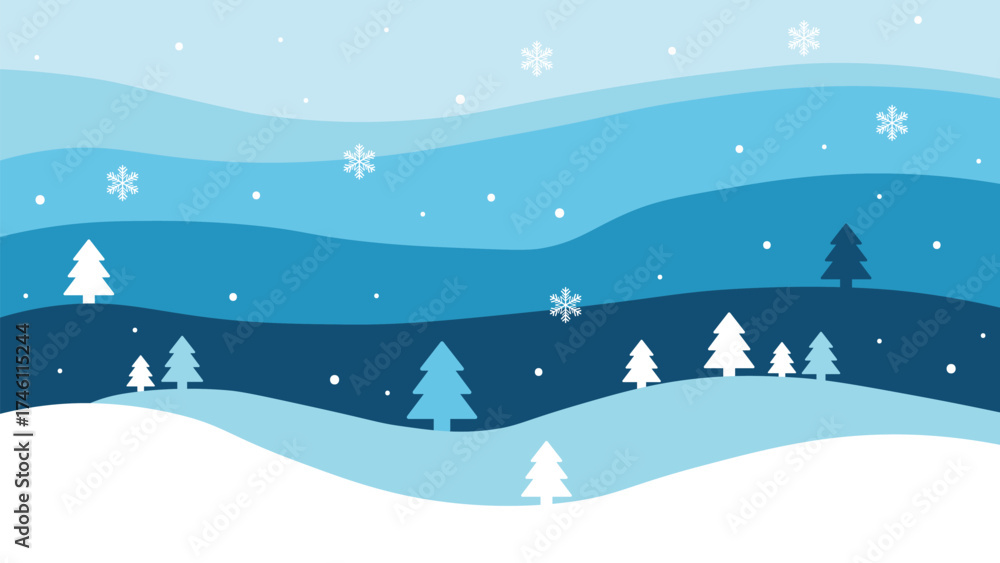 Obraz premium Blue winter landscape vector background flat design snowy forest template with copy space.