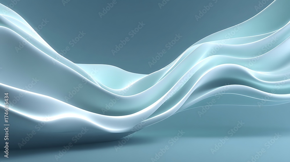 Fototapeta premium Abstract minimal technology concept with glowing white lines on soft blue gradient background, upper area left blank for overlay, modern futuristic design, digital interface and tech innovation