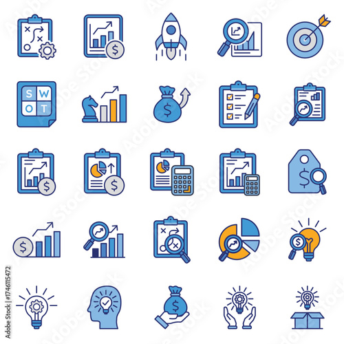 Blue business and finance icon sheet representing growth and planning strategy.  ideal for presentations, reports, websites, and marketing materials