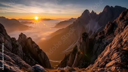 Breathtaking mountain sunrise over a sea of clouds, with golden light illuminating the jagged peaks and foggy valleys