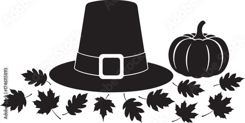 Vector art of pilgrim hat and pumpkin with autumn leaves