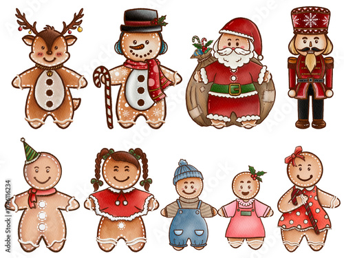 Watercolor Christmas Gingerbread Character Set with Santa, Reindeer, Snowman, and Nutcracker Illustration
