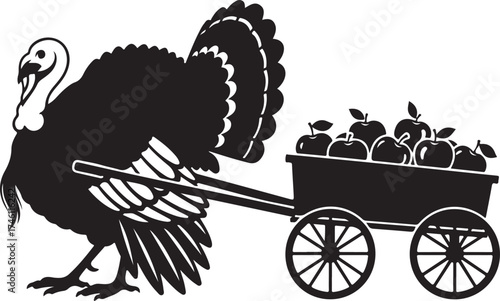 Vector art of thanksgiving turkey pulling a cart full of apples