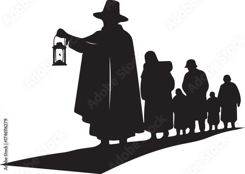 Vector art of pilgrim silhouette with lantern leading a group of people