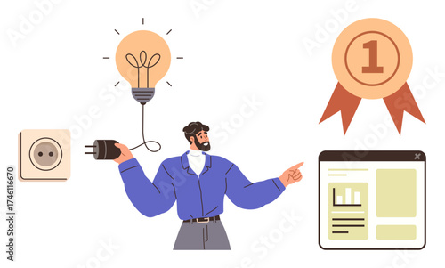 Man holding plug and pointing at key elements glowing lightbulb, achievement ribbon, and digital chart. Ideal for innovation, productivity, energy, creativity, goal achievement, success simple flat
