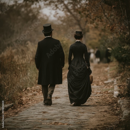 A man and woman in Victorian attire walk down a cobblestone path surrounded by autumn foliage, evoking a sense of historical romance