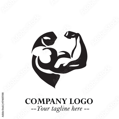 Arm Muscular Logo Symbol Black on White Background in Bold Minimalist Vector Design for Fitness Brand	
