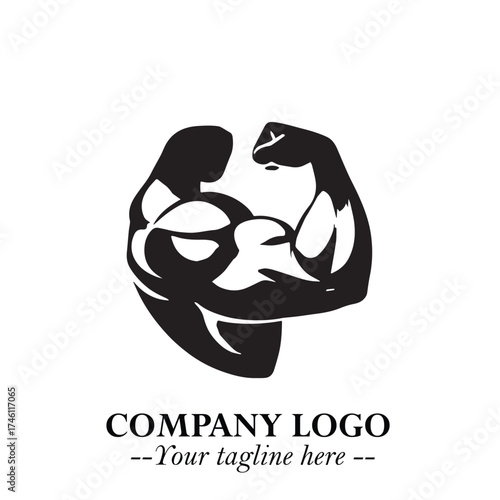 Arm Muscular Logo Symbol Black on White Background in Bold Minimalist Vector Design for Fitness Brand	
