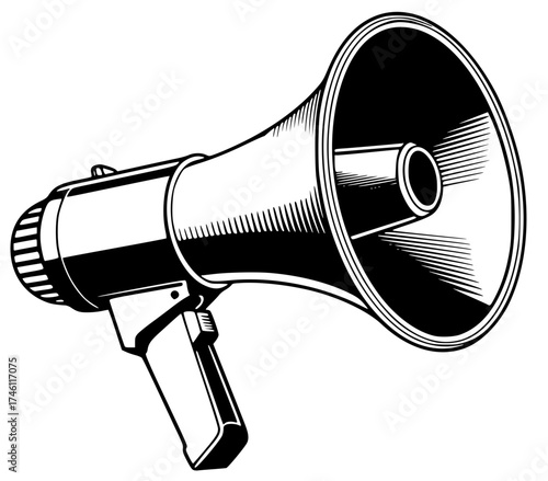 Megaphone bullhorn illustration. Black vintage style loudspeaker with detailed line work. Perfect for announcement, communication, protest, marketing, advertising, public speaking design con