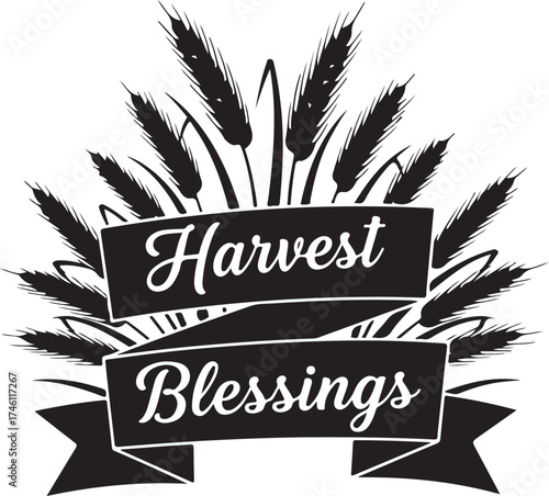 Vector art of harvest blessings text with wheat ears and ribbon