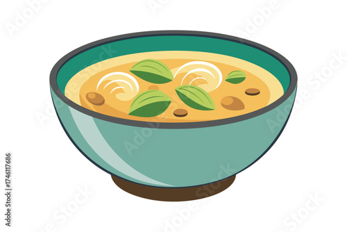 Illustration of a Bowl of Soup with Garnish and Broth