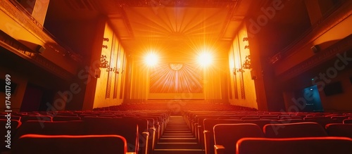 Empty theater, stage lights, cinematic ambiance.  Perfect for film, show, or event promotion