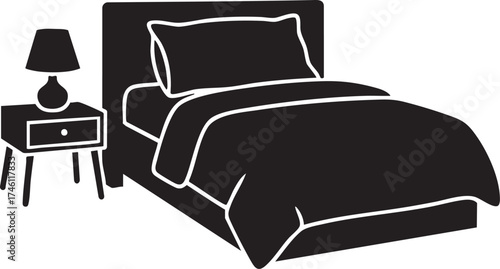 Single bed with nightstand and lamp, bedroom furniture silhouette icon