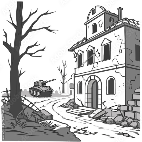 A lone military tank moves down a debris strewn road past a damaged building and bare trees