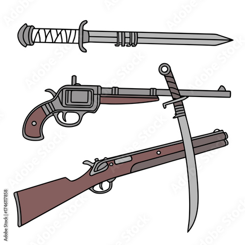 Collection of vintage firearms including a sword revolver and rifle with a bayonet attachment