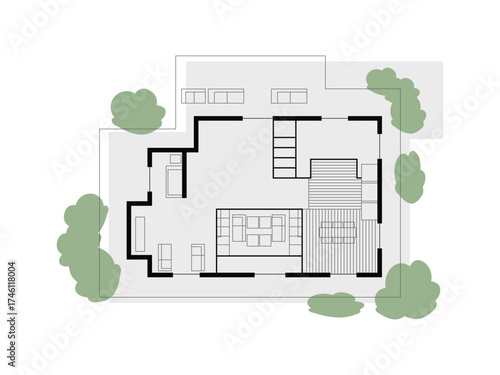 Modern Residential House Floor Plan with Interior and Landscape Design