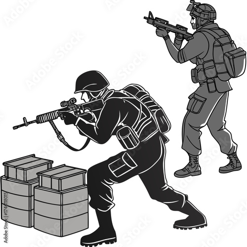 Two soldiers in tactical gear aiming their rifles while taking cover behind ammunition crates during a military operation